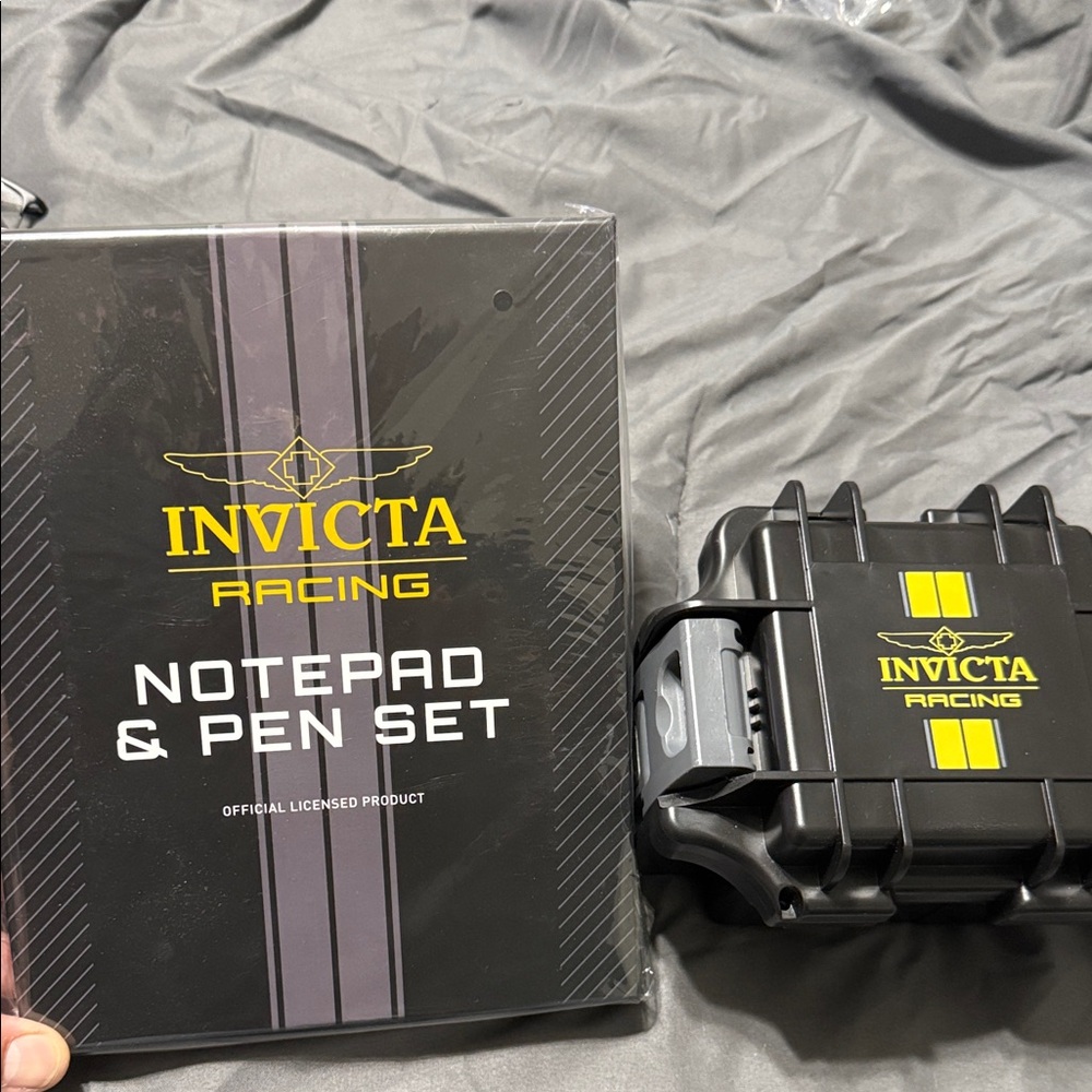 Invicta Racing Black and Yellow Notepad & Pen Set and invicta watch case